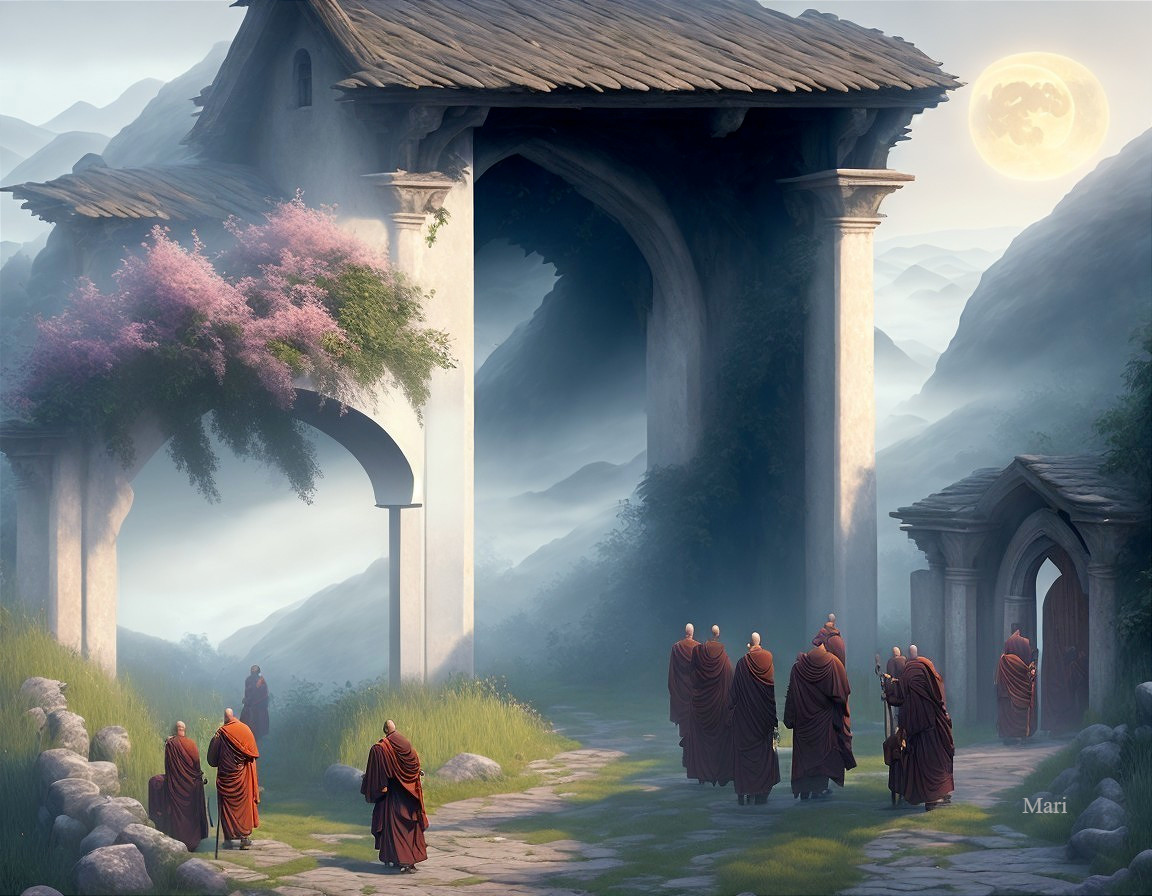 Cloaked Monks Walking in a Misty Serene Landscape