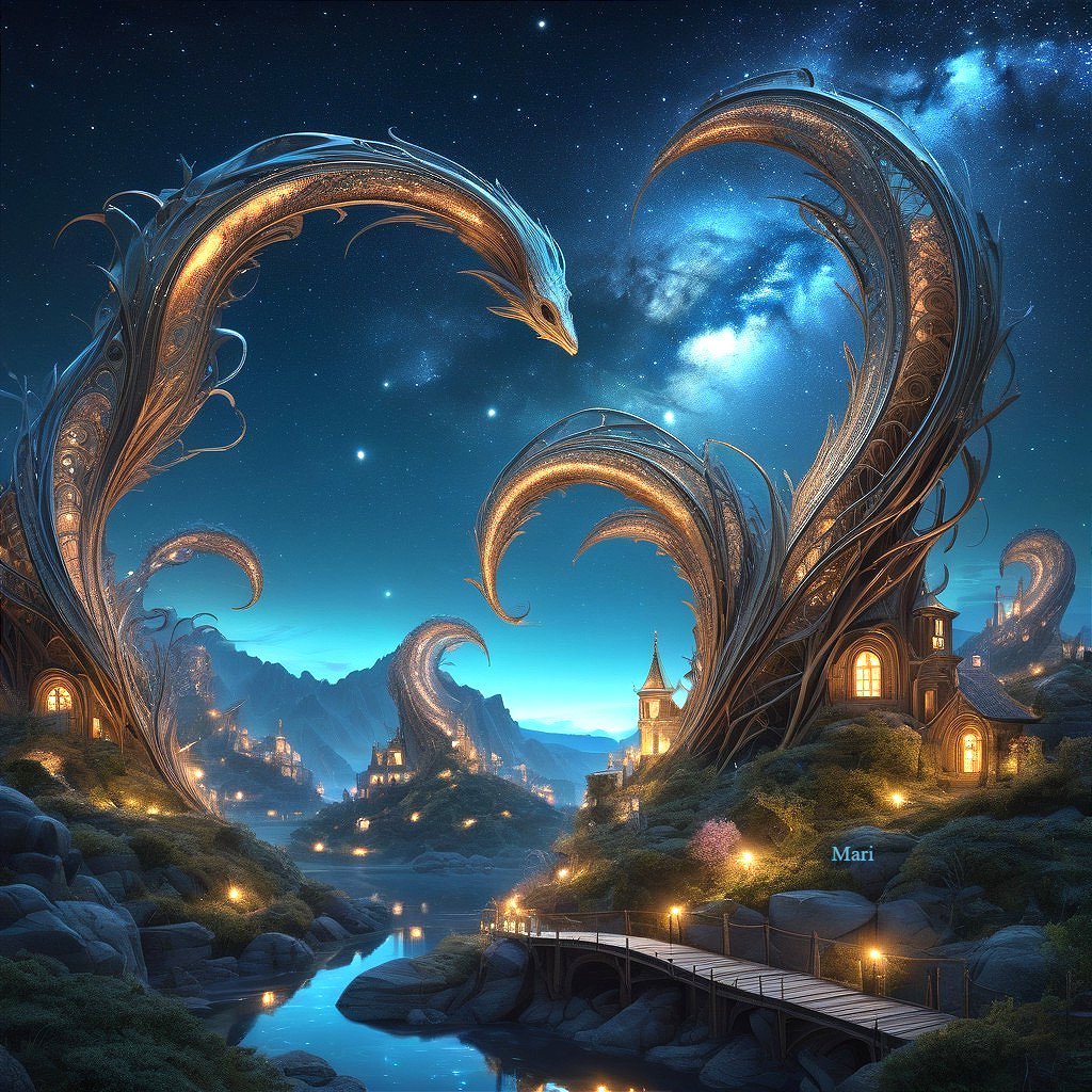 Fantastical Night Scene with Mythical Structures and River