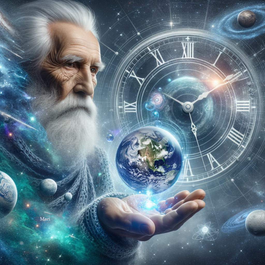 Elderly Man Holding Glowing Earth Amid Cosmic Imagery