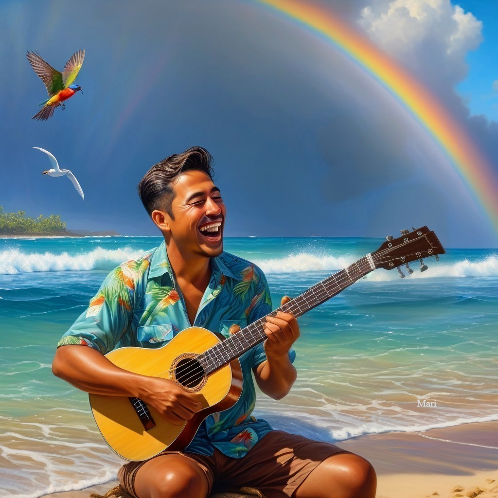 Young man playing guitar on beach with rainbow backdrop