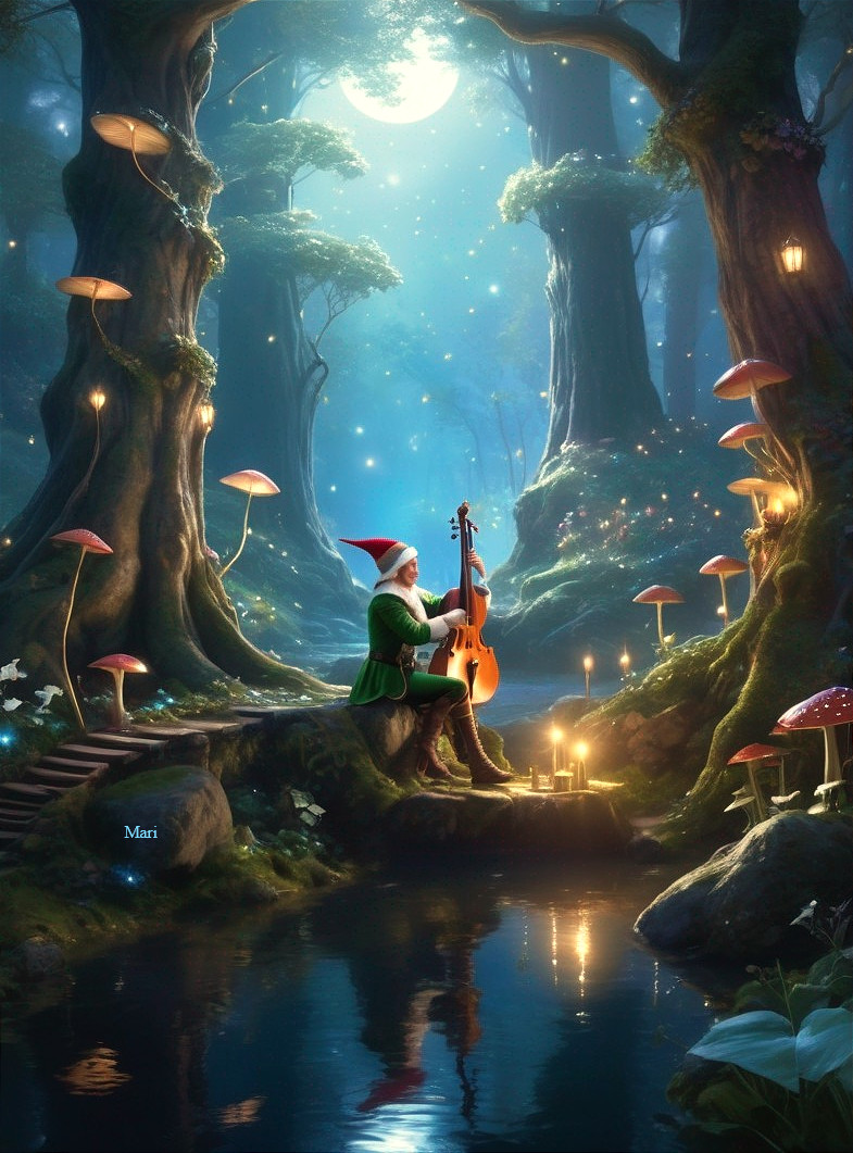 Whimsical Figure Playing Lute in Enchanted Forest