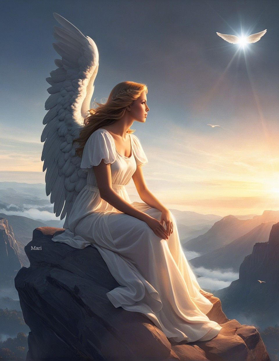 Serene angel on a cliff at sunset with doves and clouds