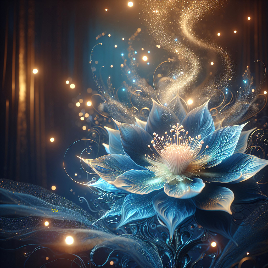 Blue Flower in Ethereal Environment with Glowing Orbs