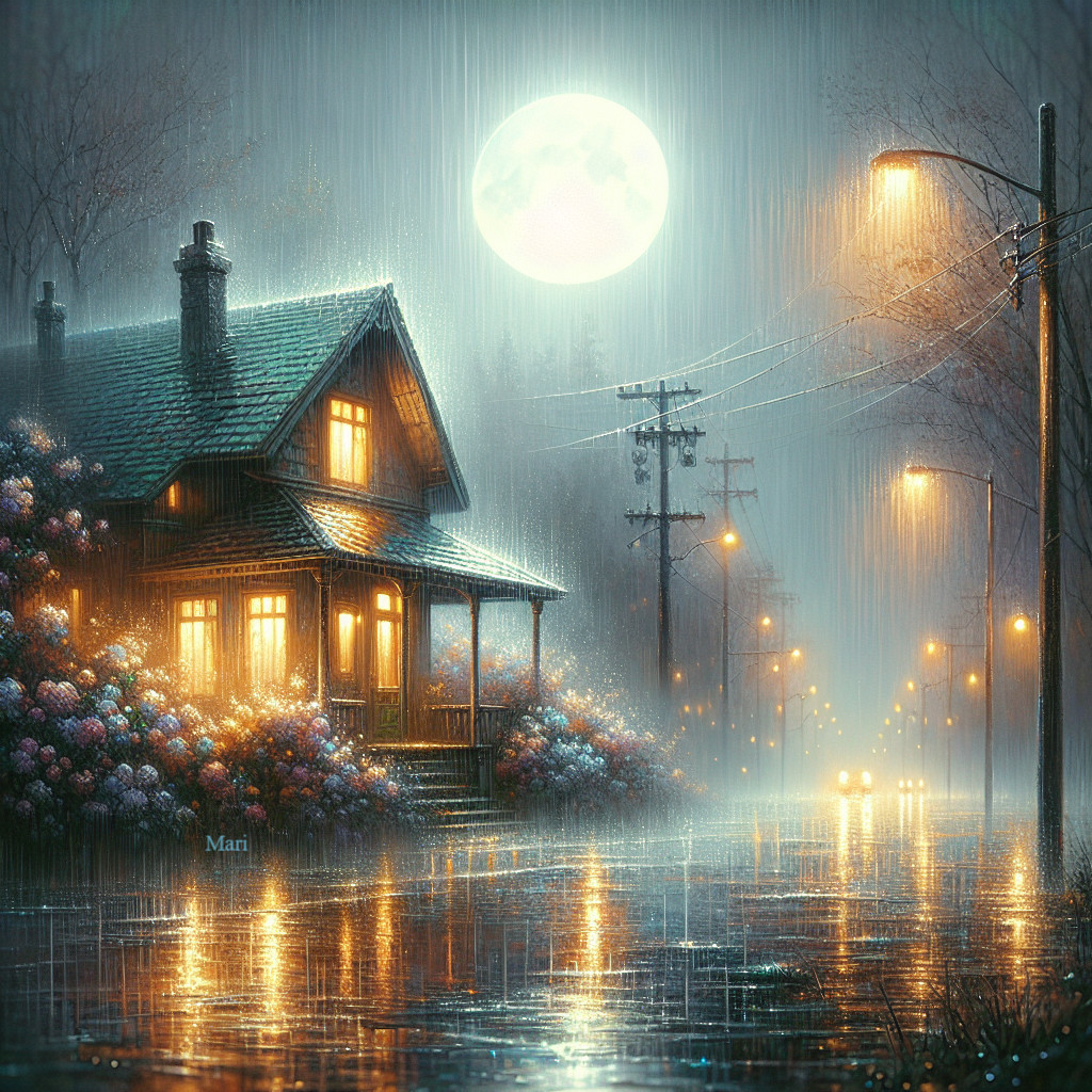 Cozy Cottage Scene with Moonlight and Rain Reflections