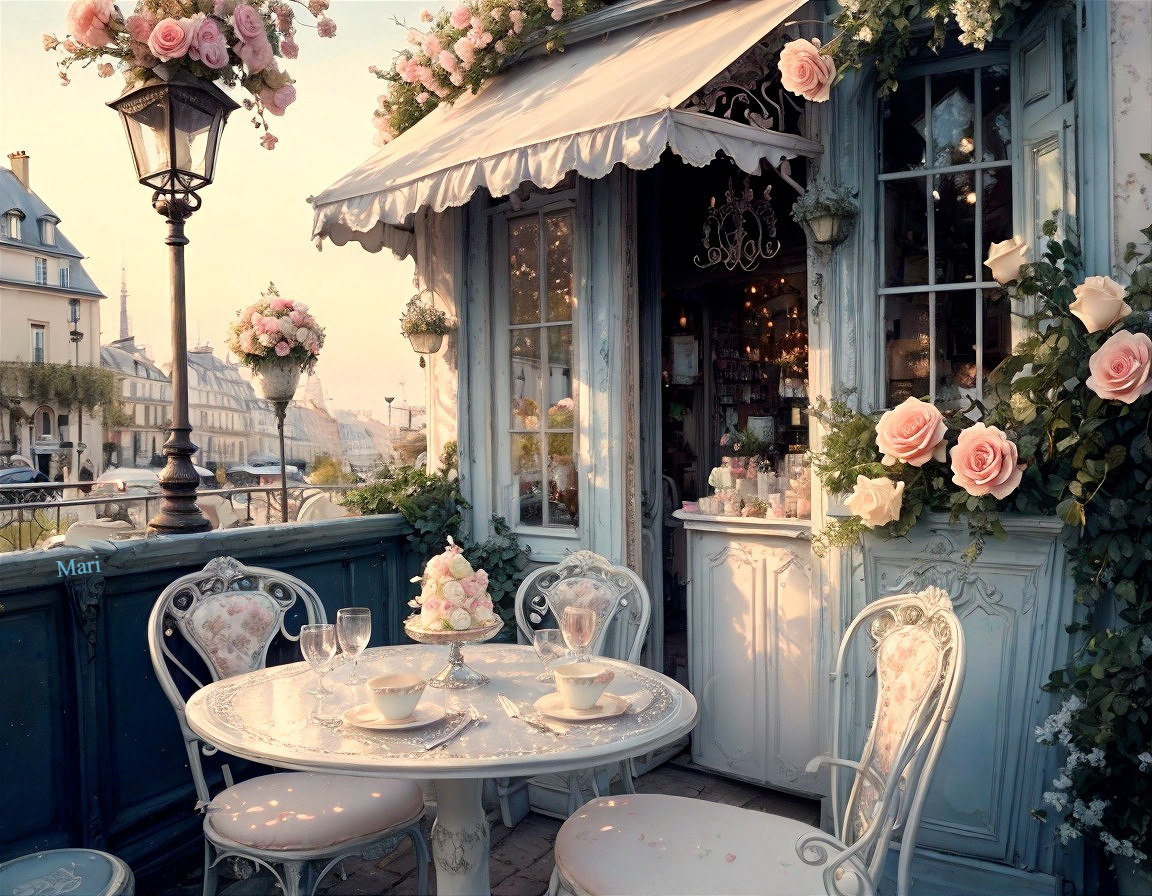 Charming Outdoor Café with Floral Tea Setting