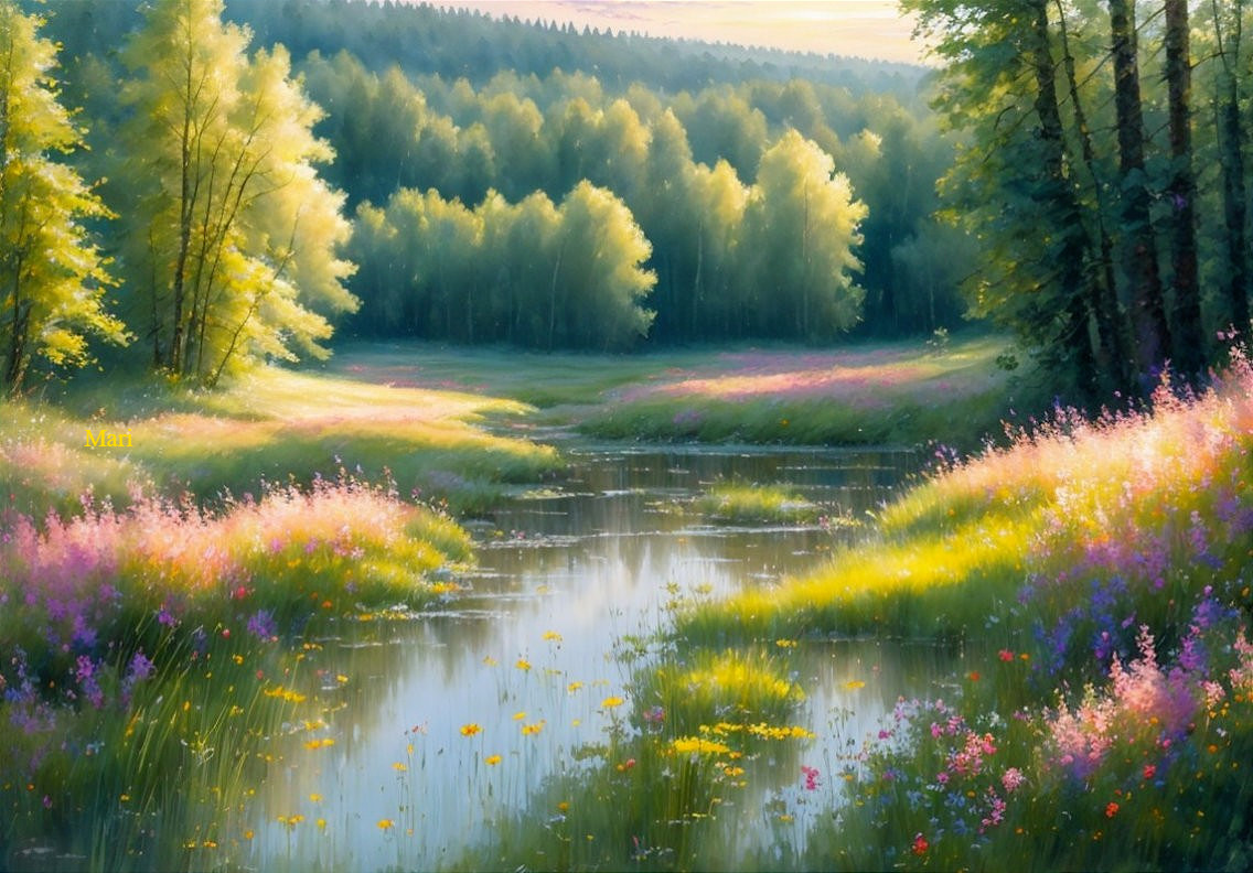 Tranquil River Landscape with Lush Greenery and Wildflowers