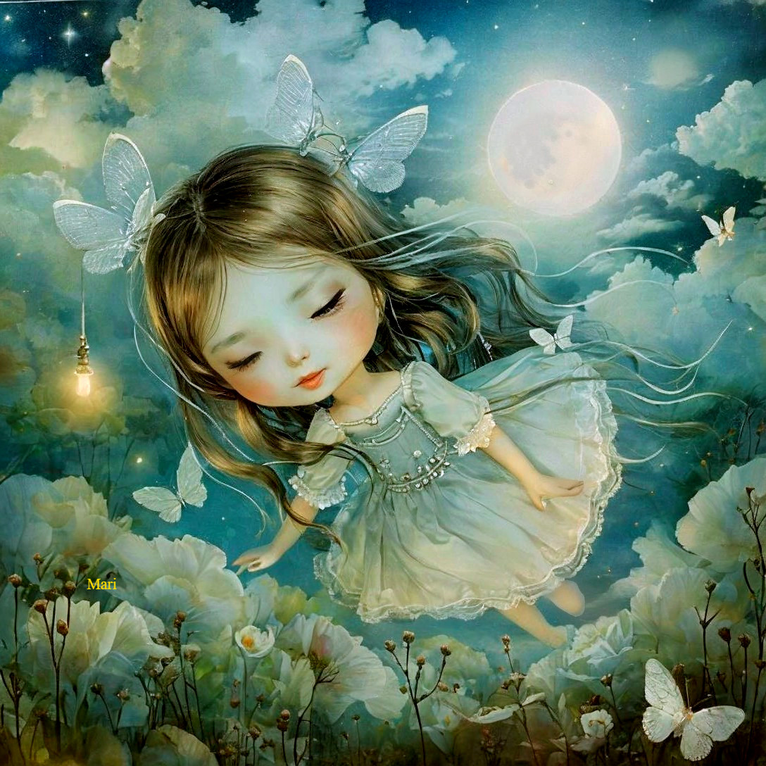 Dreamy Girl in Enchanting Twilight Scene with Butterflies