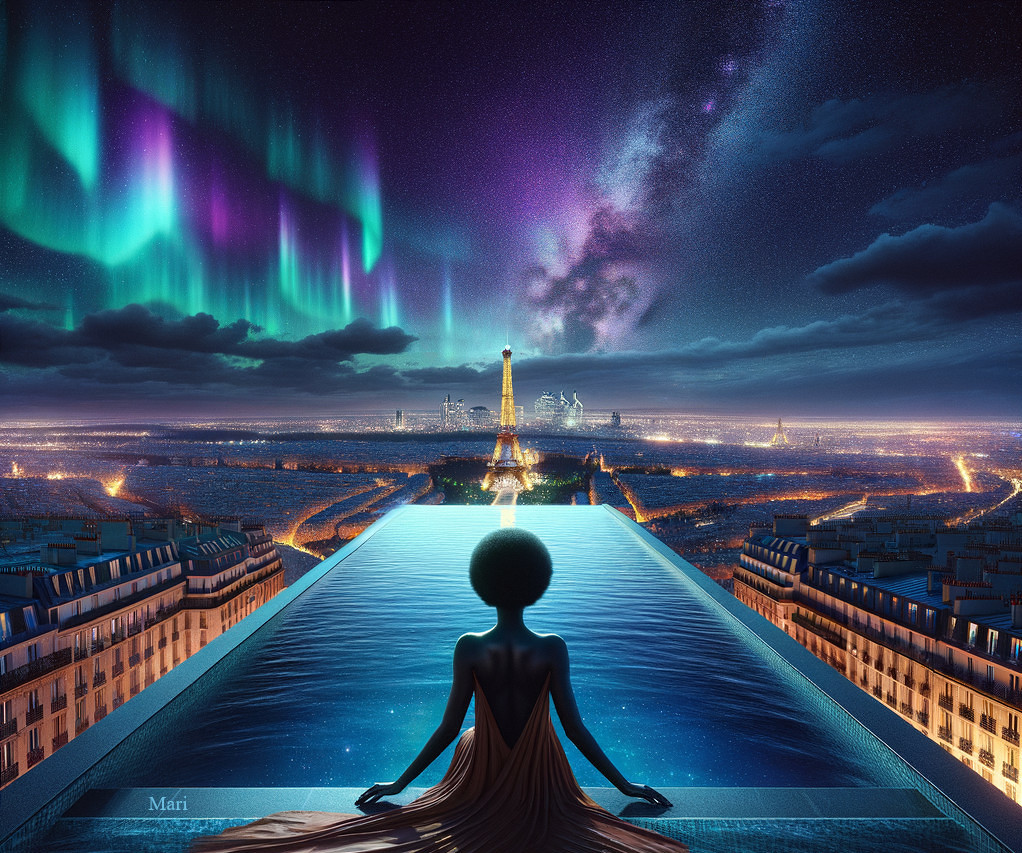 Silhouette by Infinity Pool Overlooking City Lights