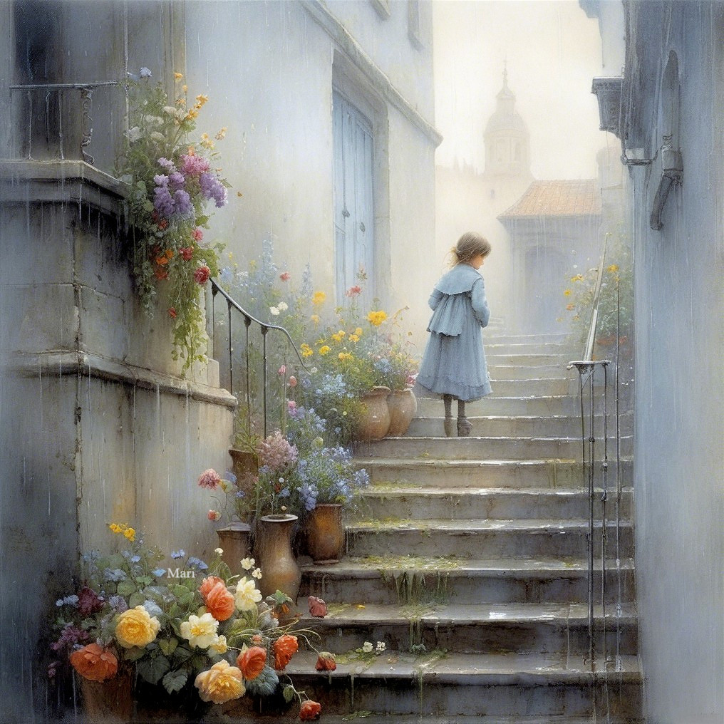 Young girl in blue dress on flower-adorned stairs