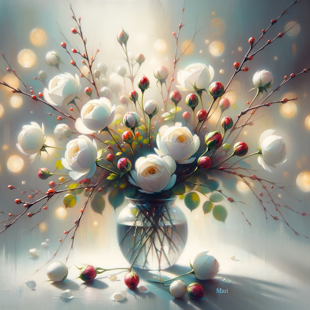 Elegant White Roses and Pink Buds in Glass Vase