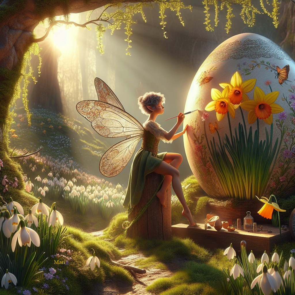 Fairy Painting Daffodils on a Decorative Egg in Forest