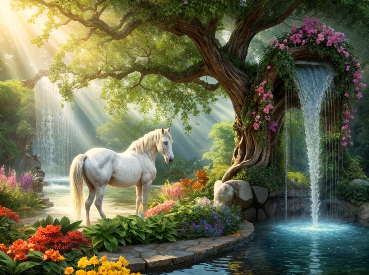 Serene Fantasy Landscape with Waterfall and Horse