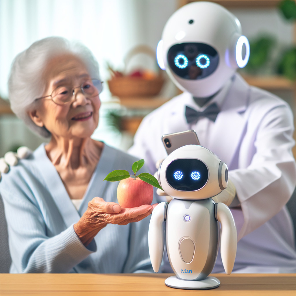 Elderly Woman Receives Apple from Friendly Robots