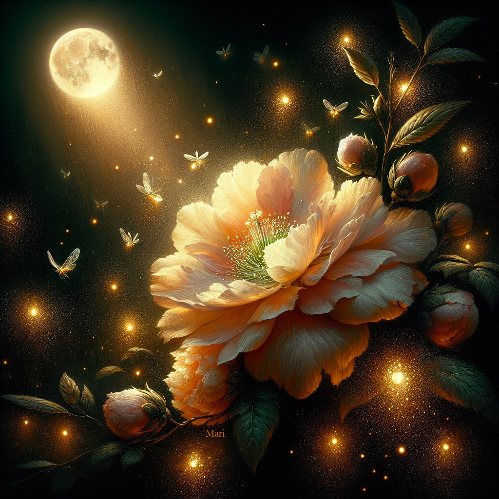 Luminous flower with bees under a glowing moonlight