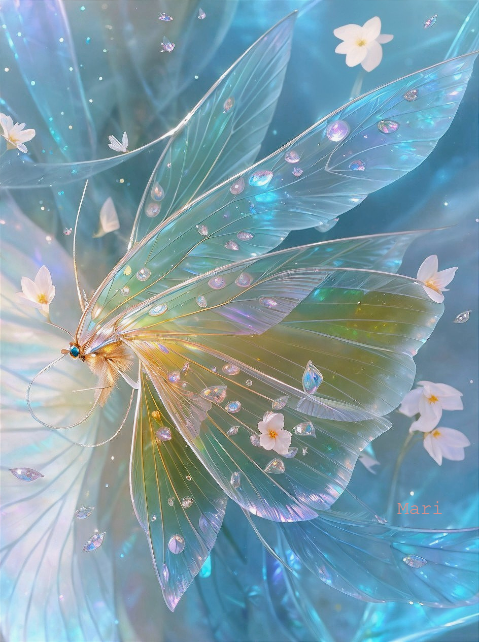 Translucent Iridescent Butterfly Illustration with Flowers