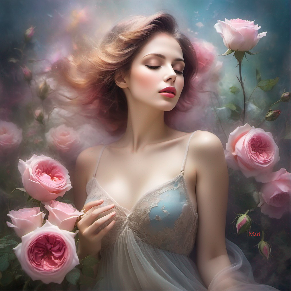 Serene Woman Surrounded by Pink Roses in Soft Light