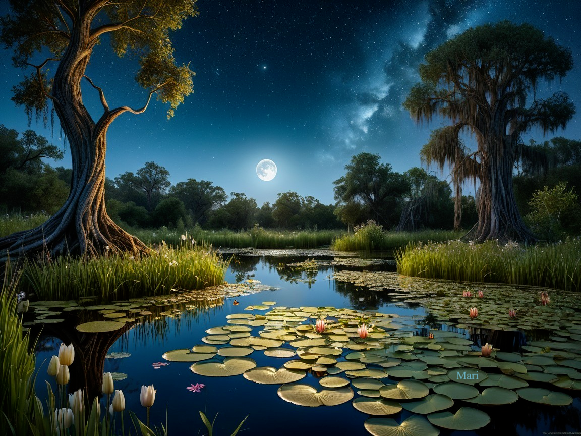 Tranquil Night Scene with Pond and Lush Greenery