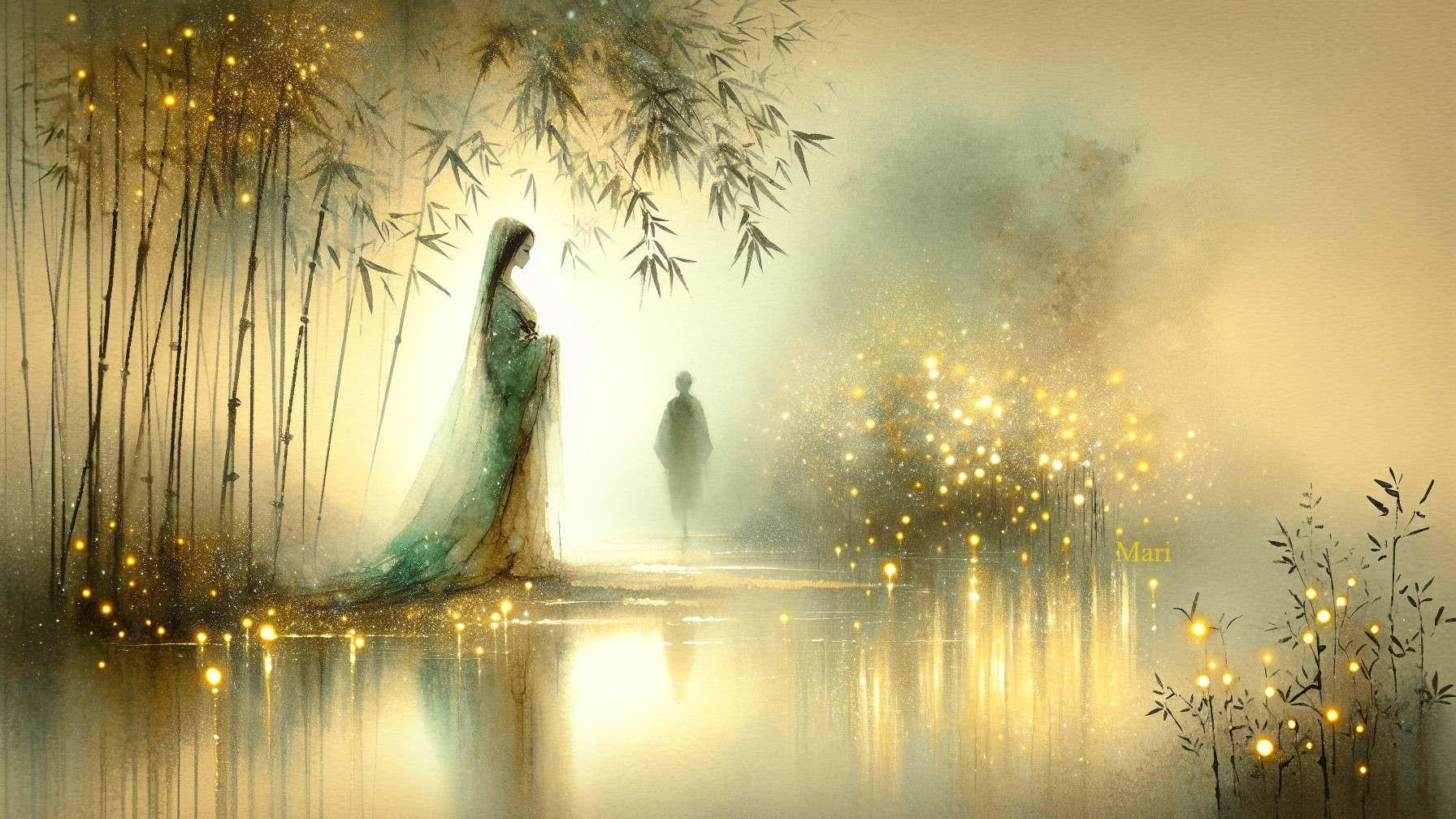 Misty Landscape with Bamboo and Soft Glowing Lights