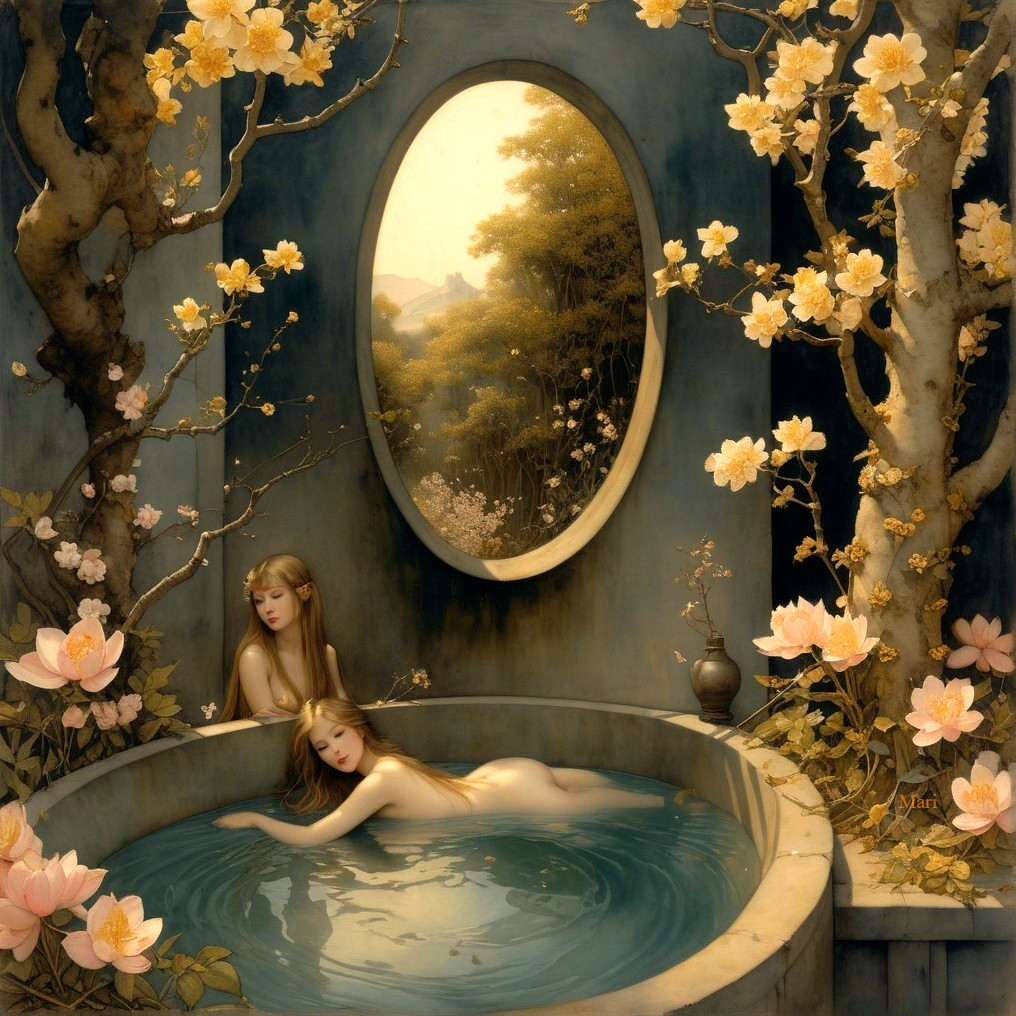 Serene Figures in Ornate Tranquil Setting with Water