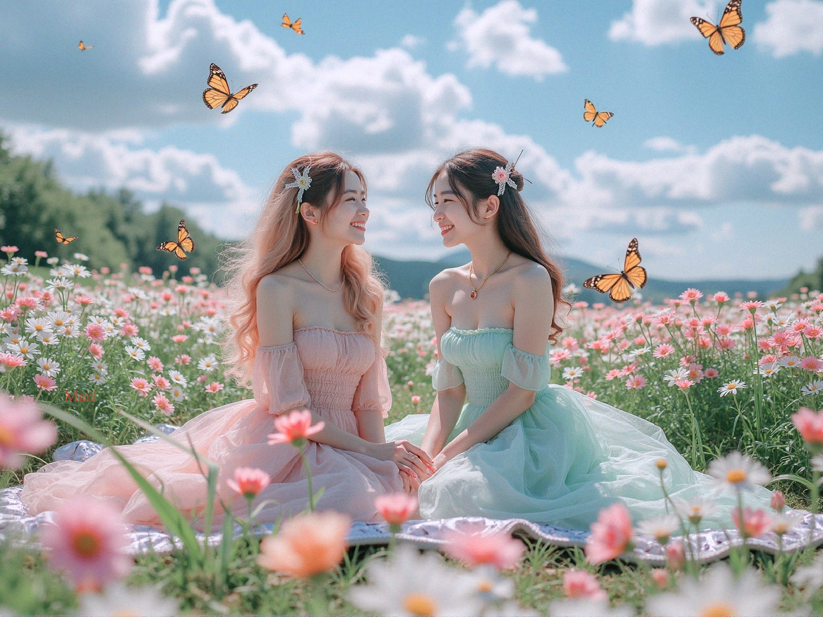 Young women in pastel dresses in a flower-filled field