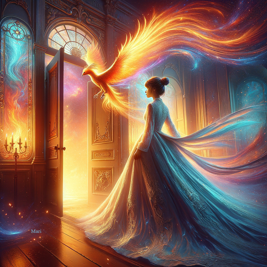 Woman in Ethereal Gown Before Mystical Landscape