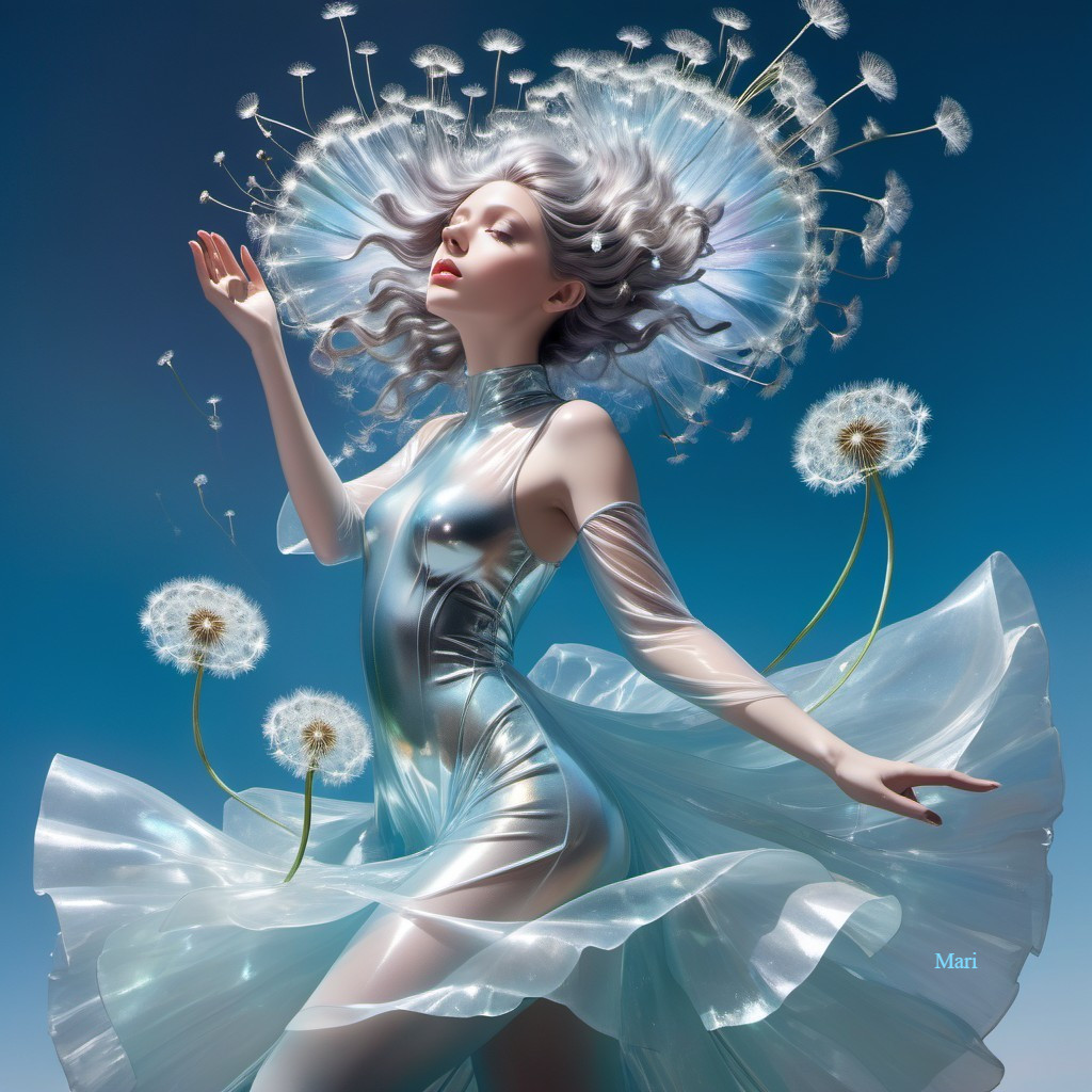 Ethereal Figure in Flowing Gown Amidst Dreamlike Scene