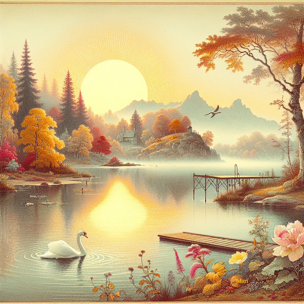 Tranquil Lakeside Scene at Sunrise with Autumn Foliage