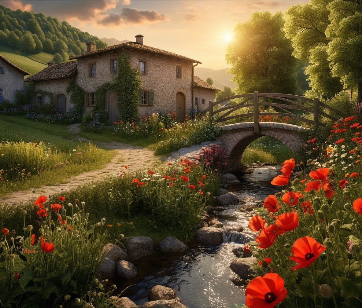 Serene Countryside Scene with Stone Houses and Flowers