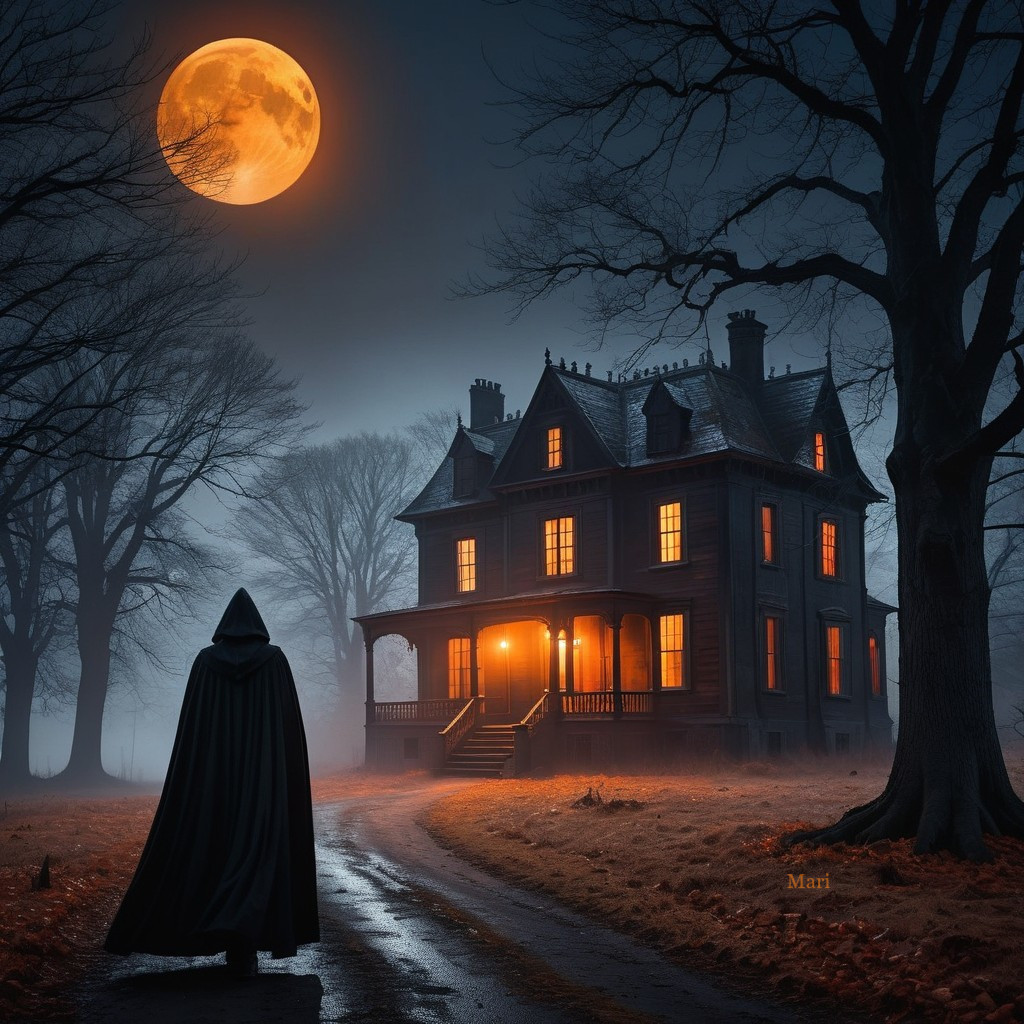Mysterious Figure by Eerie Victorian Mansion at Night