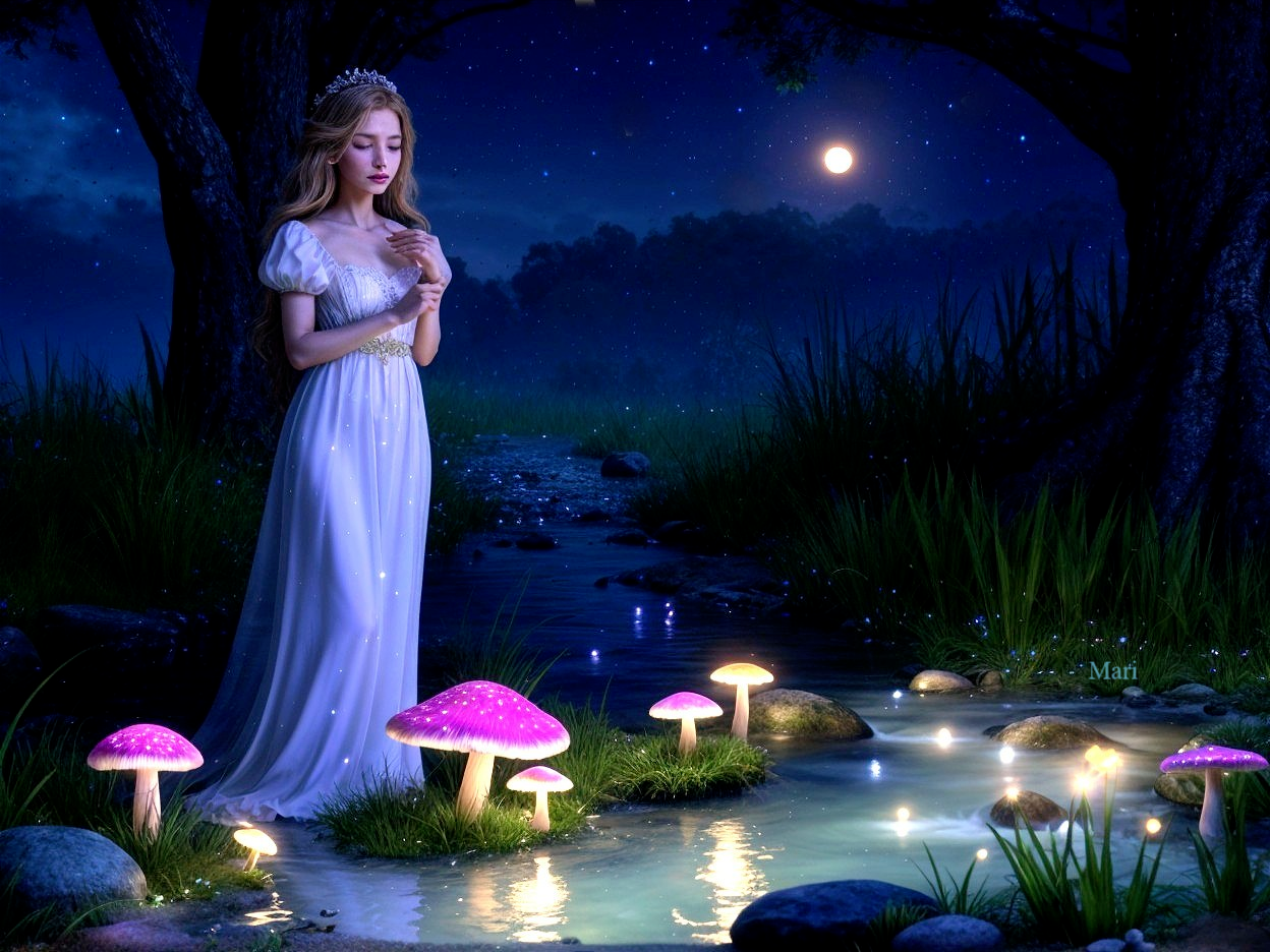 Moonlit Scene of Woman by Stream with Glowing Mushrooms