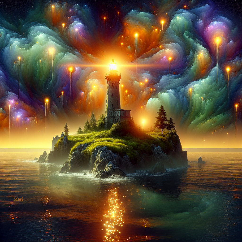Vibrant Lighthouse on Lush Island with Ethereal Sky