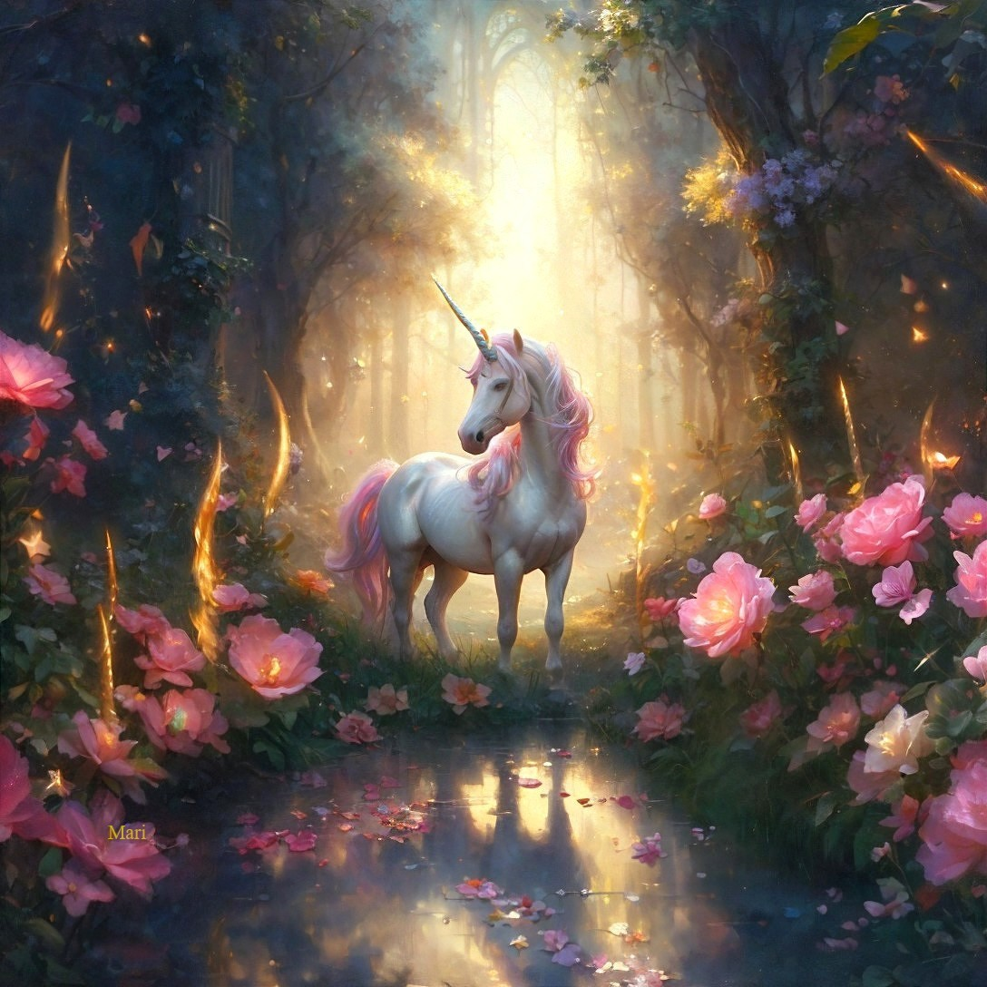 Unicorn in a Magical Forest with Pink Flowers