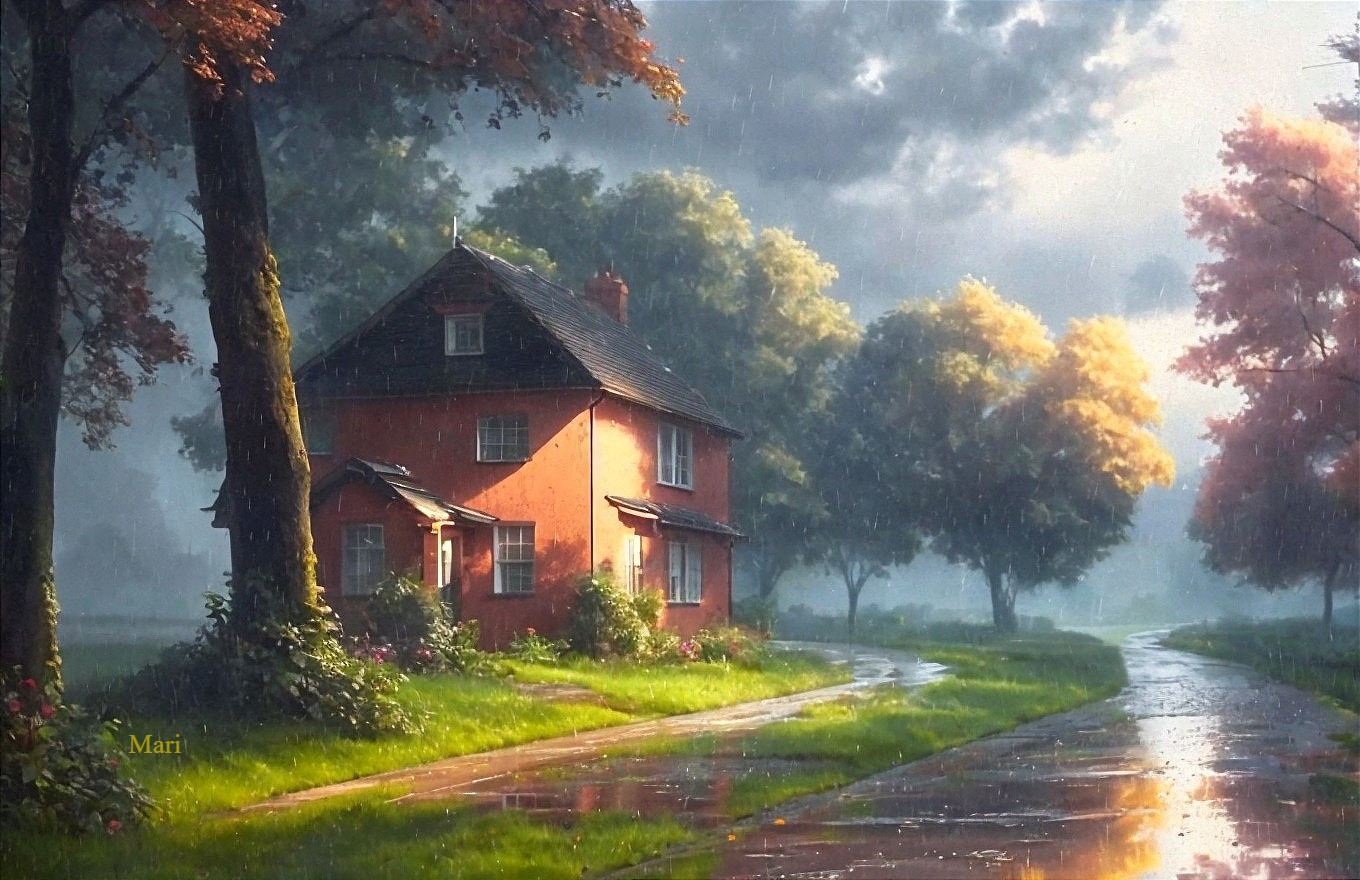 Quaint Orange House Surrounded by Vibrant Nature