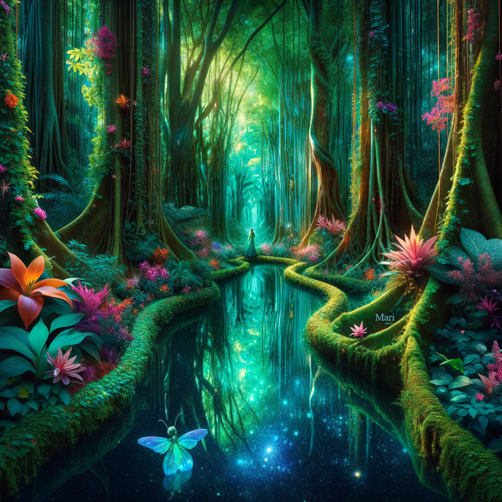 Enchanted forest with vibrant greenery and stream