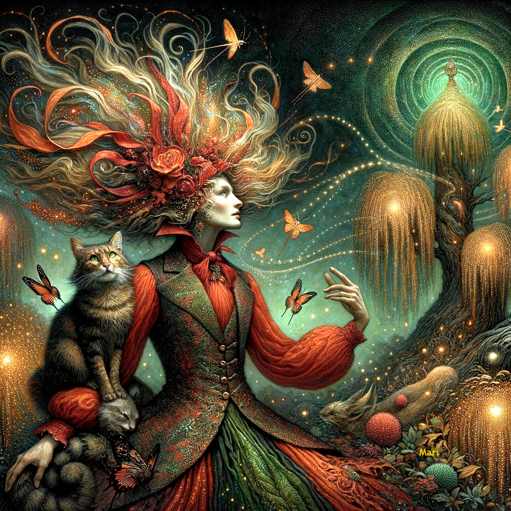 Woman in Floral Attire Surrounded by Butterflies