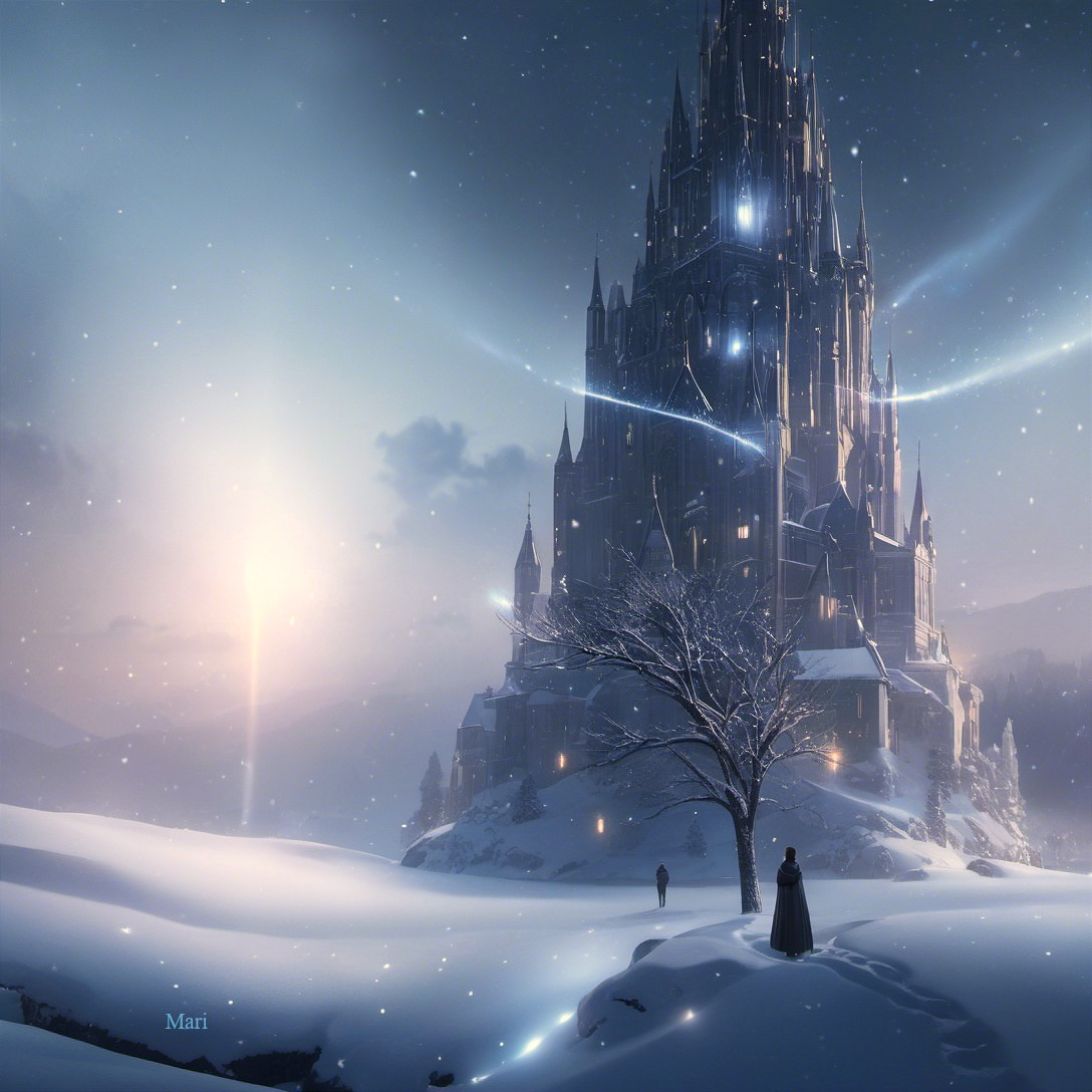 Majestic castle under twilight sky with snowy landscape