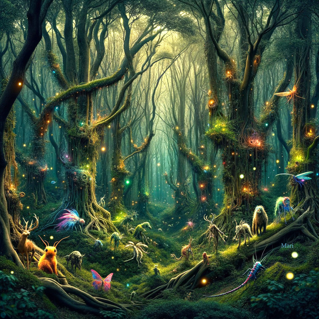 Glowing forestscape with mystical creatures