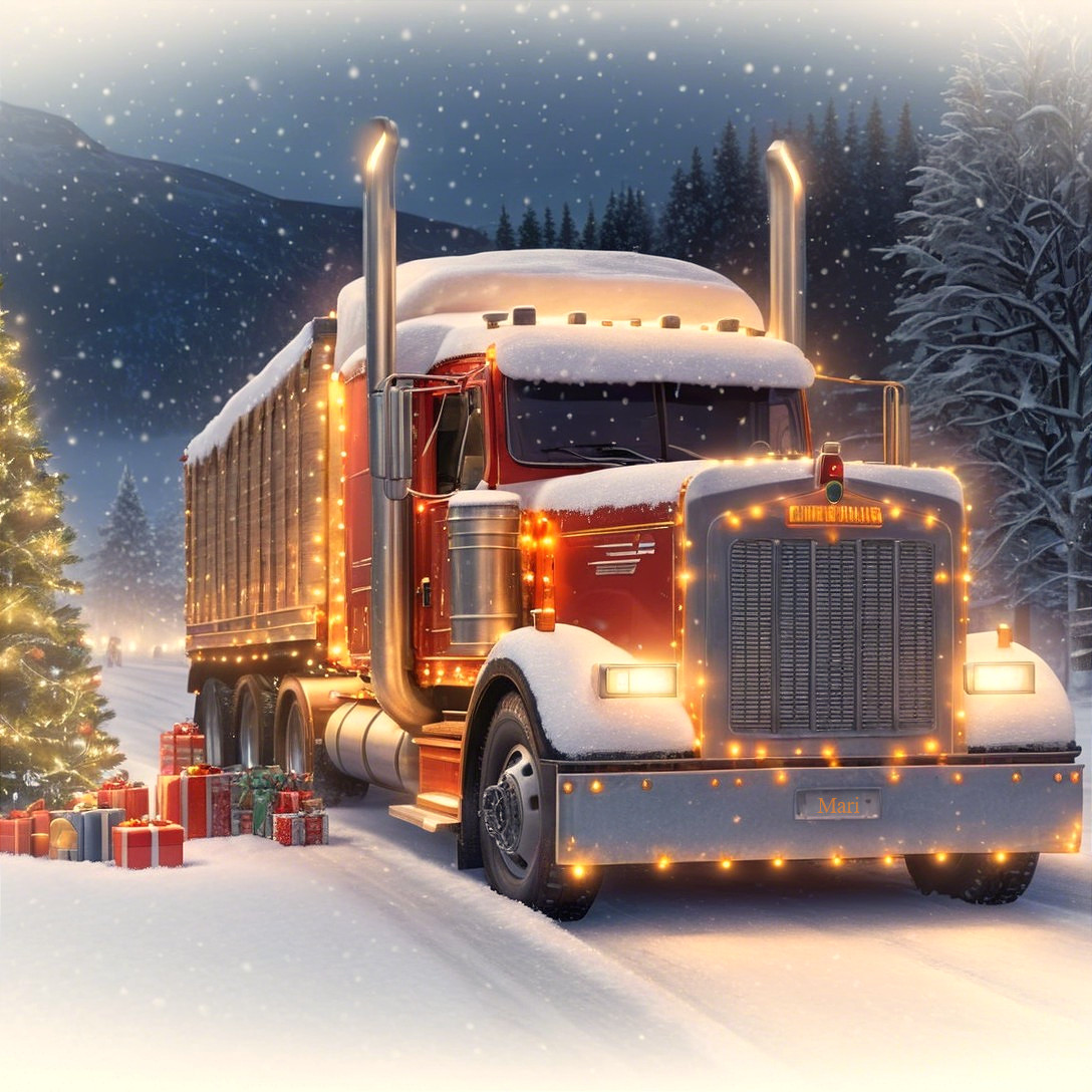 Festive Red Truck and Christmas Tree in Snowy Scene