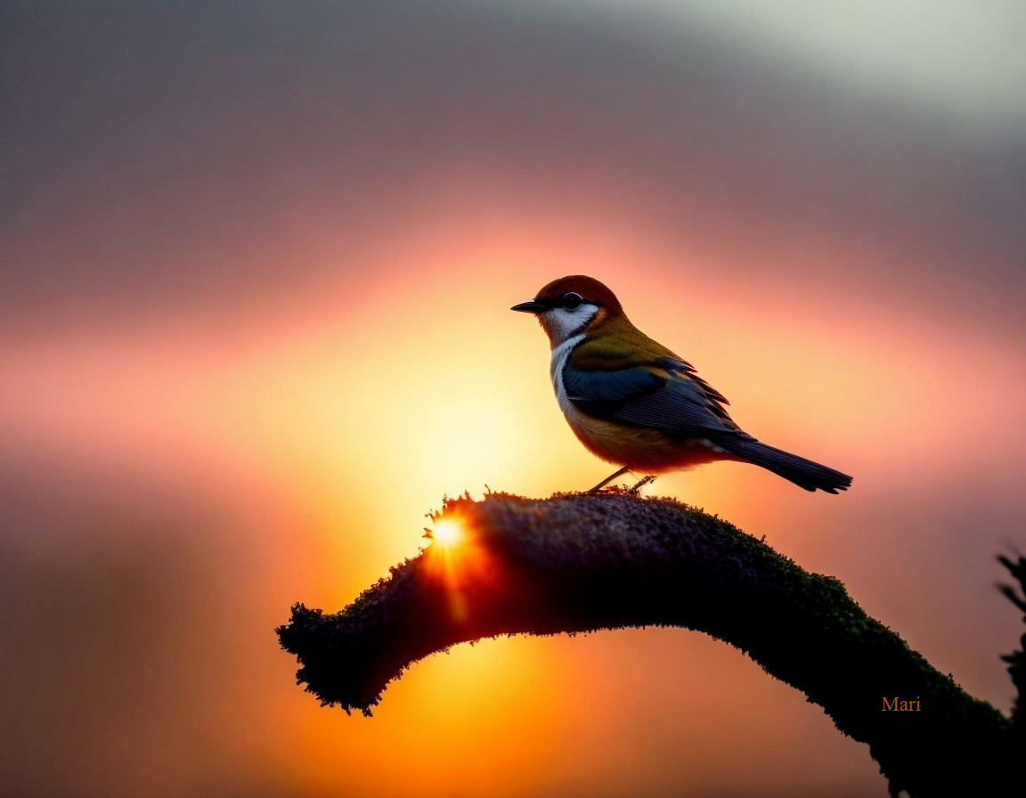 Bird Silhouetted on Mossy Branch at Sunset