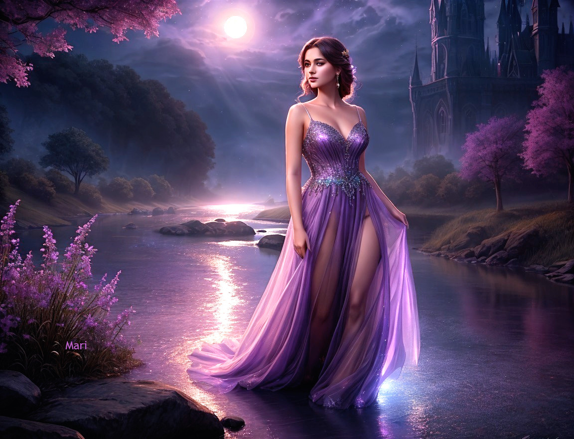 Woman in Purple Dress by River at Twilight