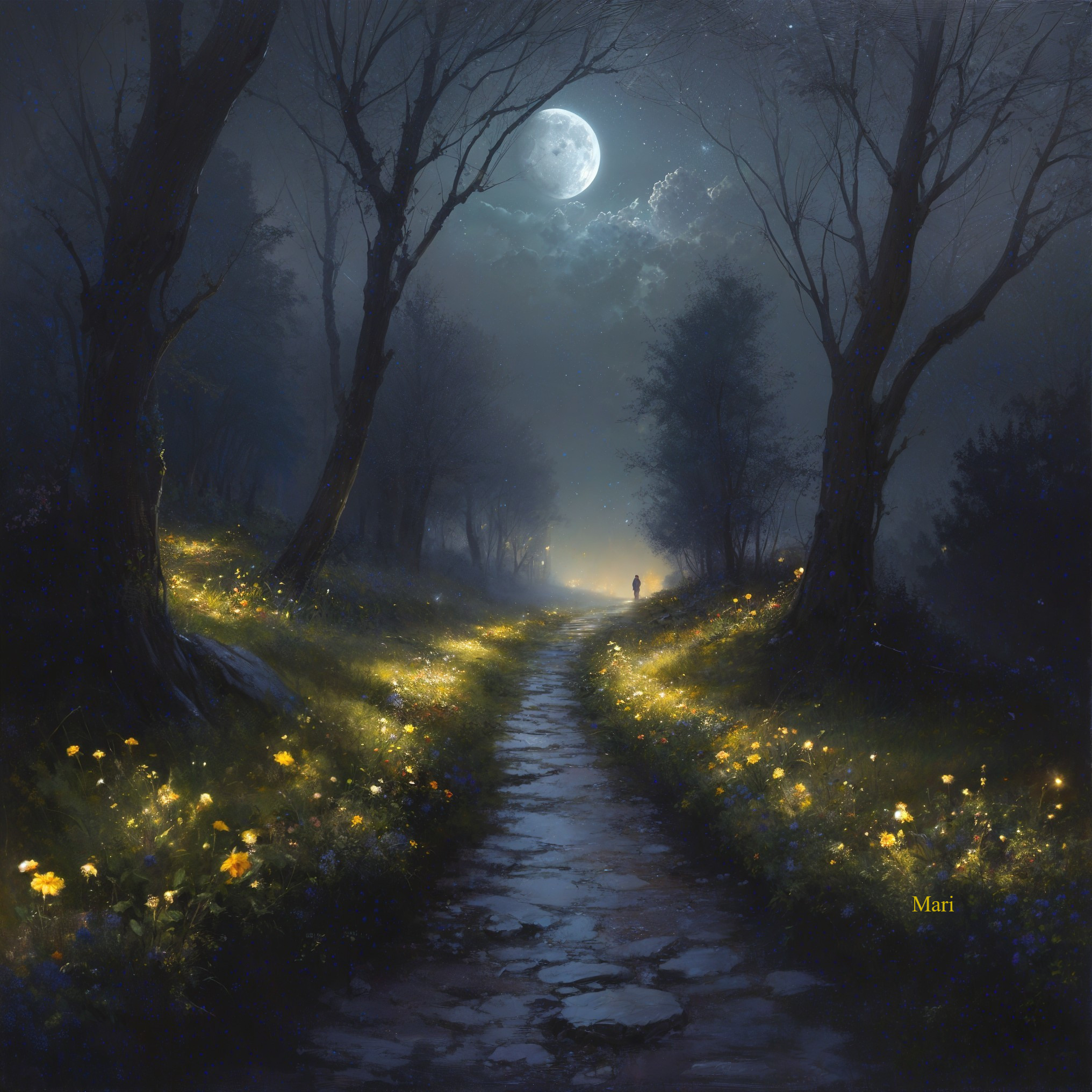 Moonlit Landscape with Winding Path and Flowers