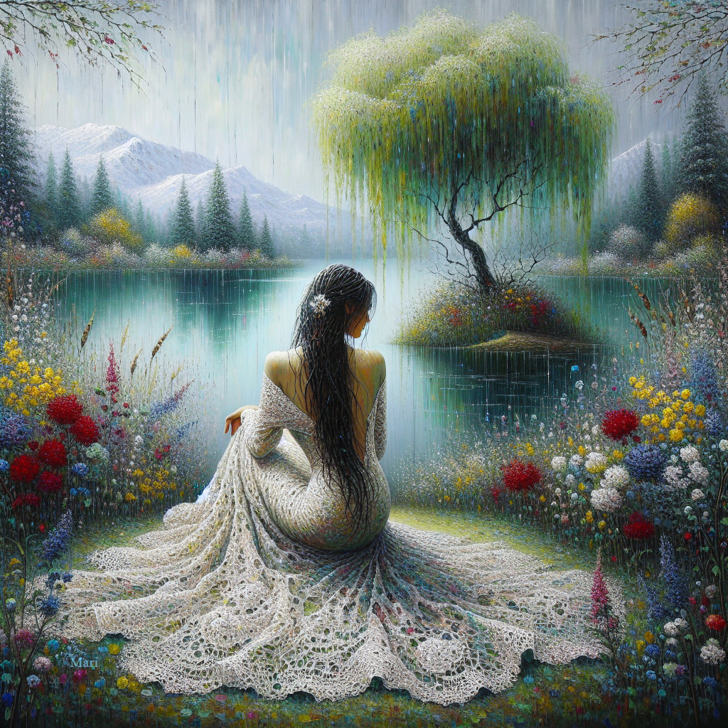 Serene landscape with woman by tranquil lake and flowers