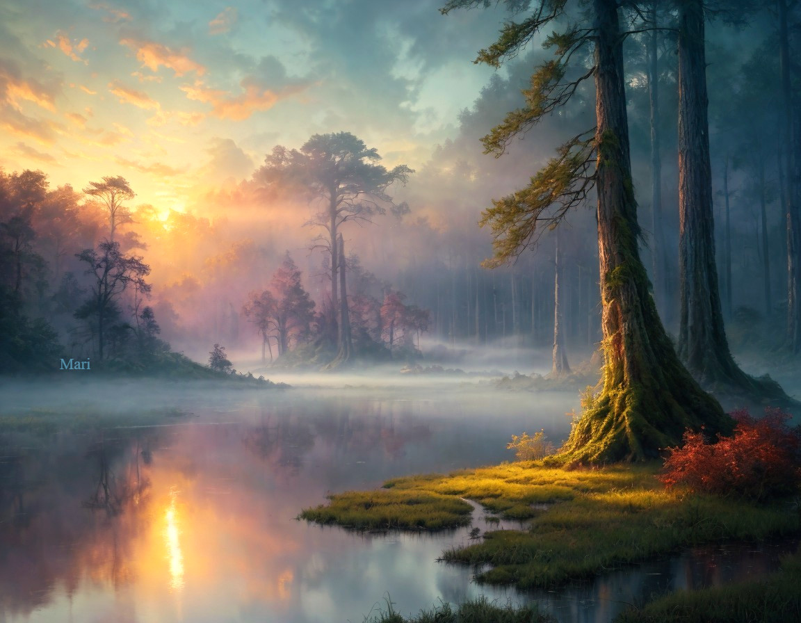 Serene Dawn Landscape with Misty Lake and Trees