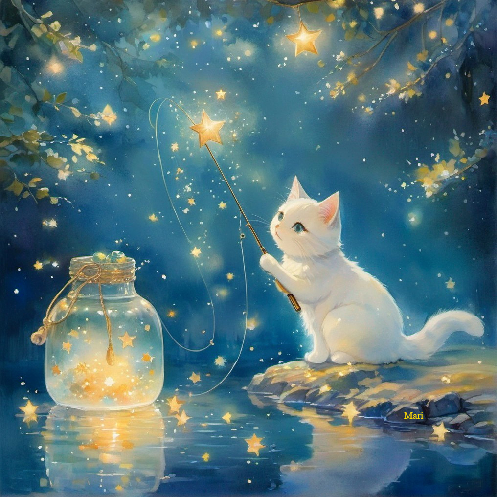 Fluffy Cat by Waterside with Glowing Stars and Wand