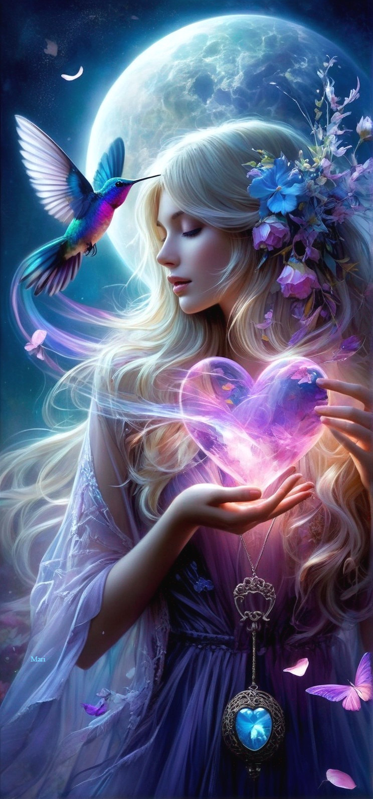 Serene Woman with Heart Crystal and Butterflies
