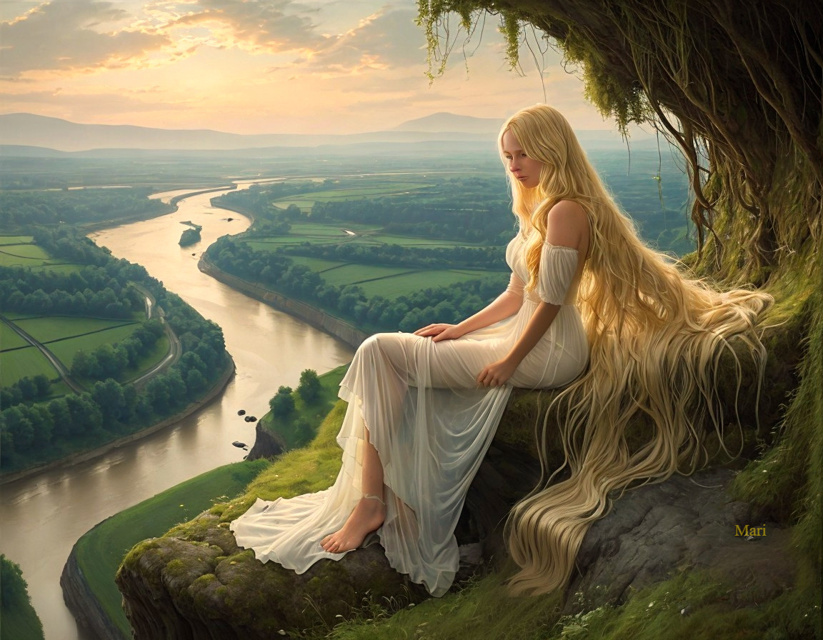 Serene Figure on Cliffside Overlooking Winding River