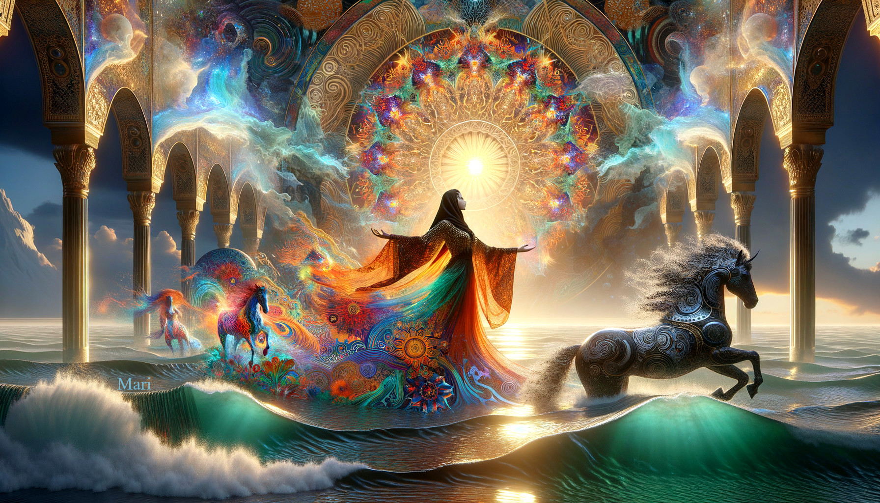 Majestic figure in vibrant robes with ethereal horses