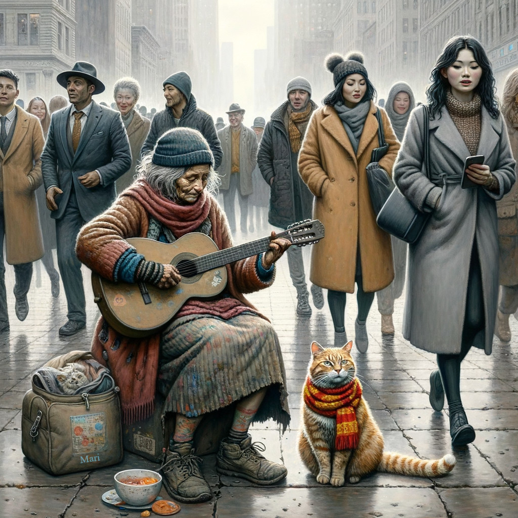 Homeless Woman Playing Guitar on Urban Street