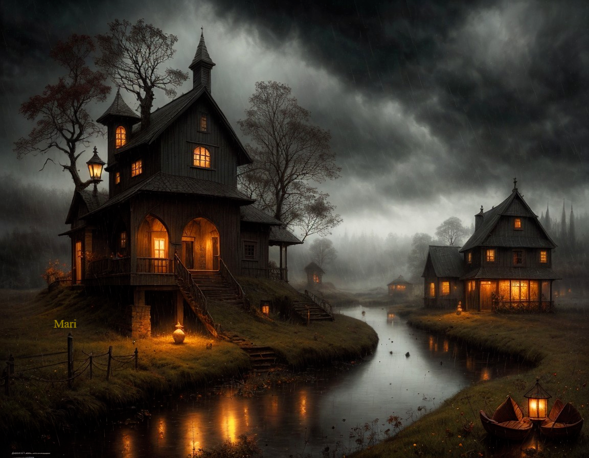 Tranquil Landscape with Dark Clouds and Rustic Houses