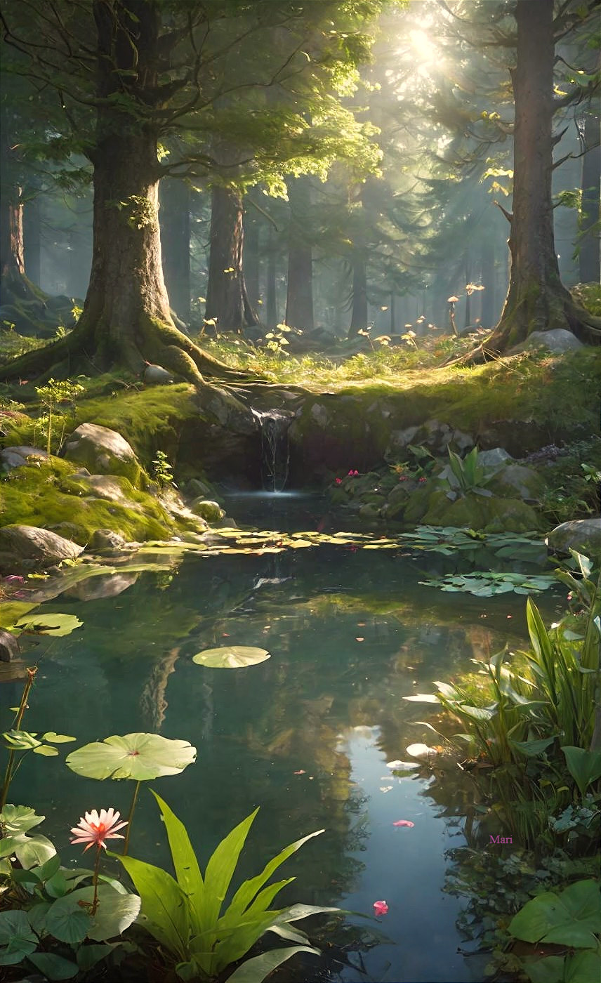 Serene Woodland with Sunlit Pond and Waterfall